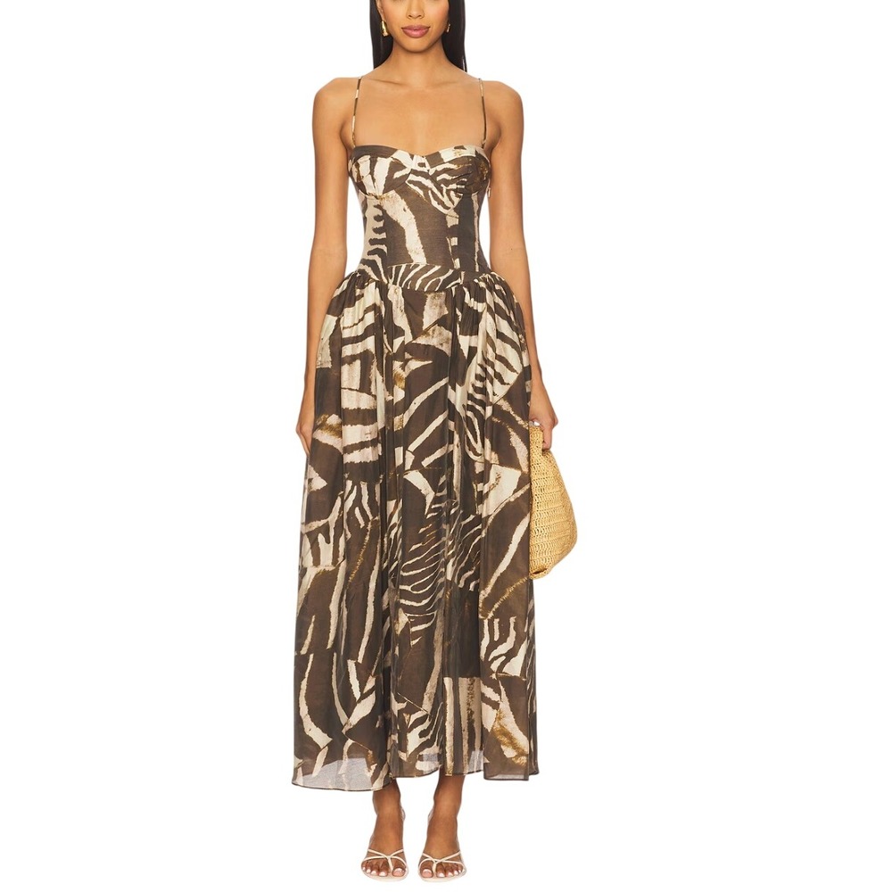 Bardot Revolve Size 12 Estie Brown Animal Print Bustier Maxi Dress Lace Up Back